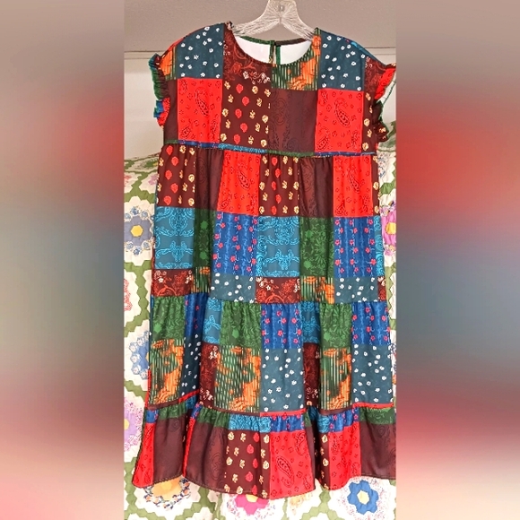 SHEIN Dresses & Skirts - SHEIN Multicolor Patchwork Midi Dress - Red, Blue, Green, Brown
